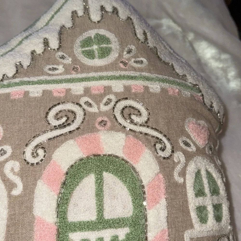 Warm wishes pastel pink gingerbread house pillow